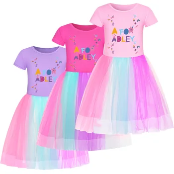 Gaun Musim Panas Anak Perempuan A untuk Adley 2023 Gaun Kemeja Kartun Gaun Leher Bulat Bersulam Cetak untuk Anak-anak Gaun Lengan pendek