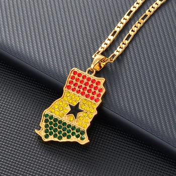 Anniyo Ghana Peta Bendera dengan Kalung Liontin Batu Perhiasan Warna Emas Peta Negara Ghana Hari Nasional Patriotik #240906